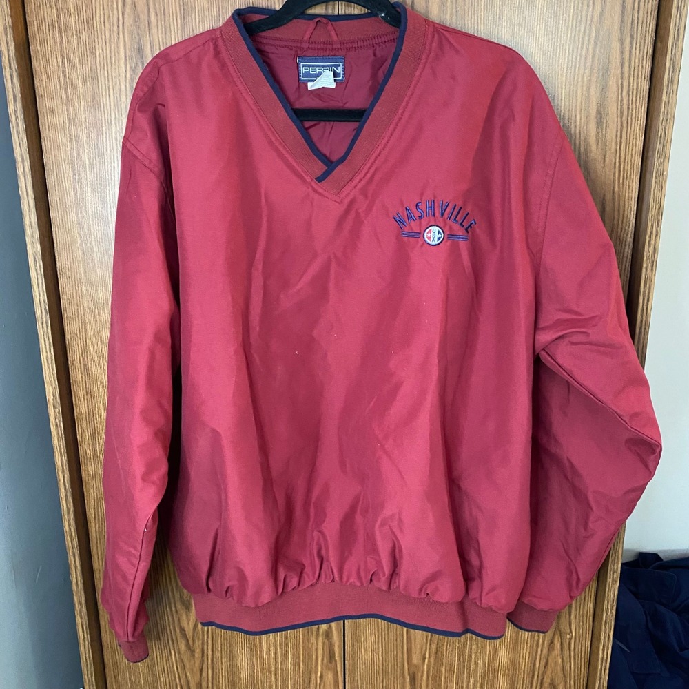 Perrin Windbreaker Pullover Mens Large Red Nashville V-Neck Embroidered Jacket
